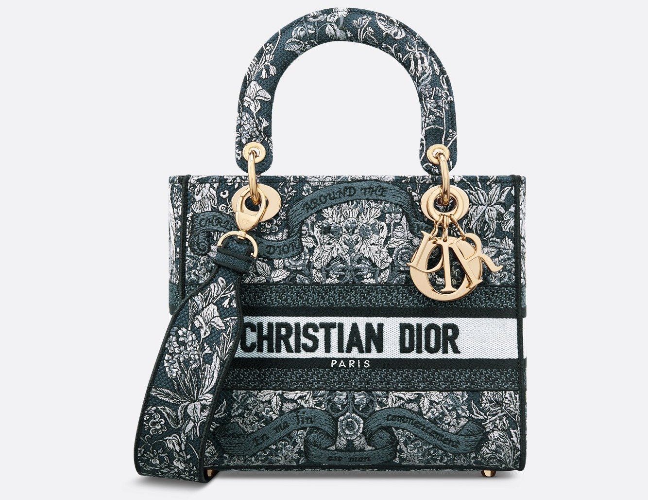 Medium Lady D-Lite Bag - Latte Embroidery with Blue Dior Around the World Motif 1 Medium Lady D-Lite Bag - Latte Embroidery with Blue Dior Around the World Motif 1