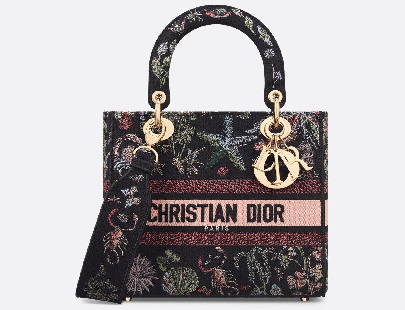 Medium Lady D-Lite Bag - Black Embroidery with Multicolor Dior Cabinet de Curiosités Motif 1 Medium Lady D-Lite Bag - Black Embroidery with Multicolor Dior Cabinet de Curiosités Motif 1