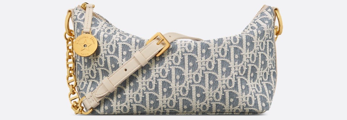 Diorstar Hobo Bag with Chain - Blue Dior Oblique Chambray with Raffia Effect and Light Biscuit Smooth Calfskin 1 Diorstar Hobo Bag with Chain - Blue Dior Oblique Chambray with Raffia Effect and Light Biscuit Smooth Calfskin 1