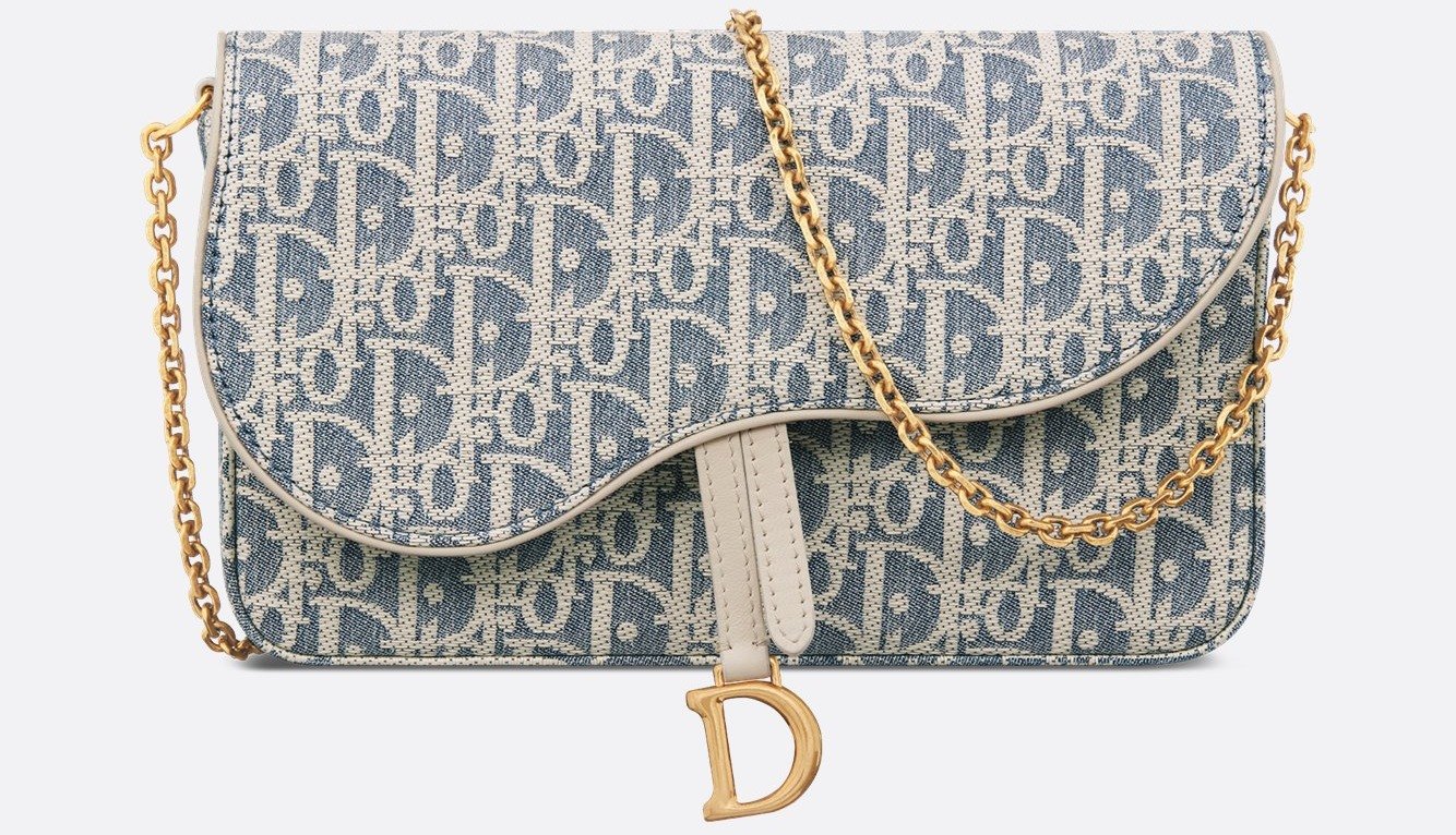 Medium Saddle Pouch with Chain - Blue Dior Oblique Chambray with Raffia Effect and Light Biscuit Smooth Calfskin 1 Medium Saddle Pouch with Chain - Blue Dior Oblique Chambray with Raffia Effect and Light Biscuit Smooth Calfskin 1