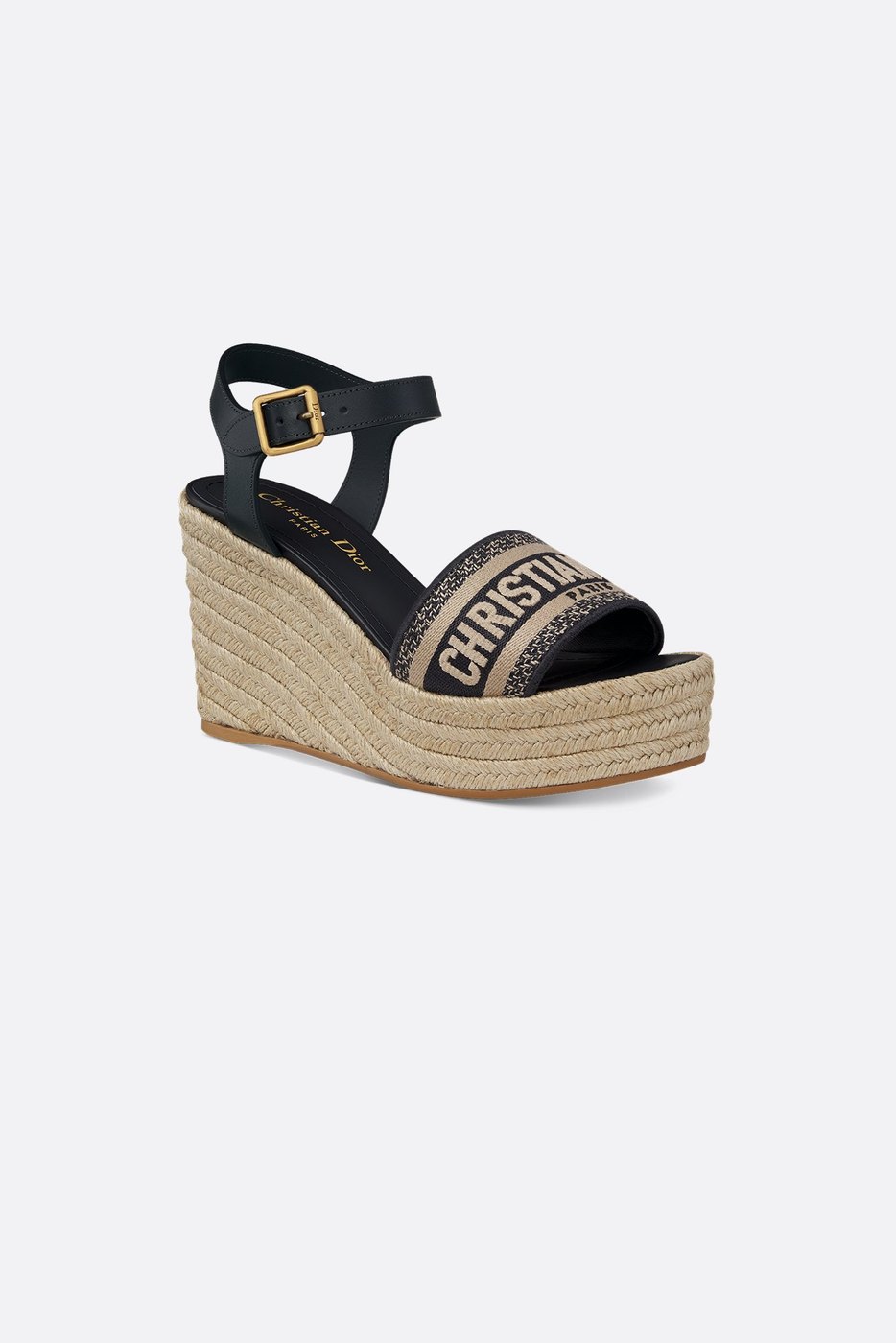 Dway Wedge Sandal - Deep Blue Calfskin and Embroidered Cotton 1 Dway Wedge Sandal - Deep Blue Calfskin and Embroidered Cotton 1