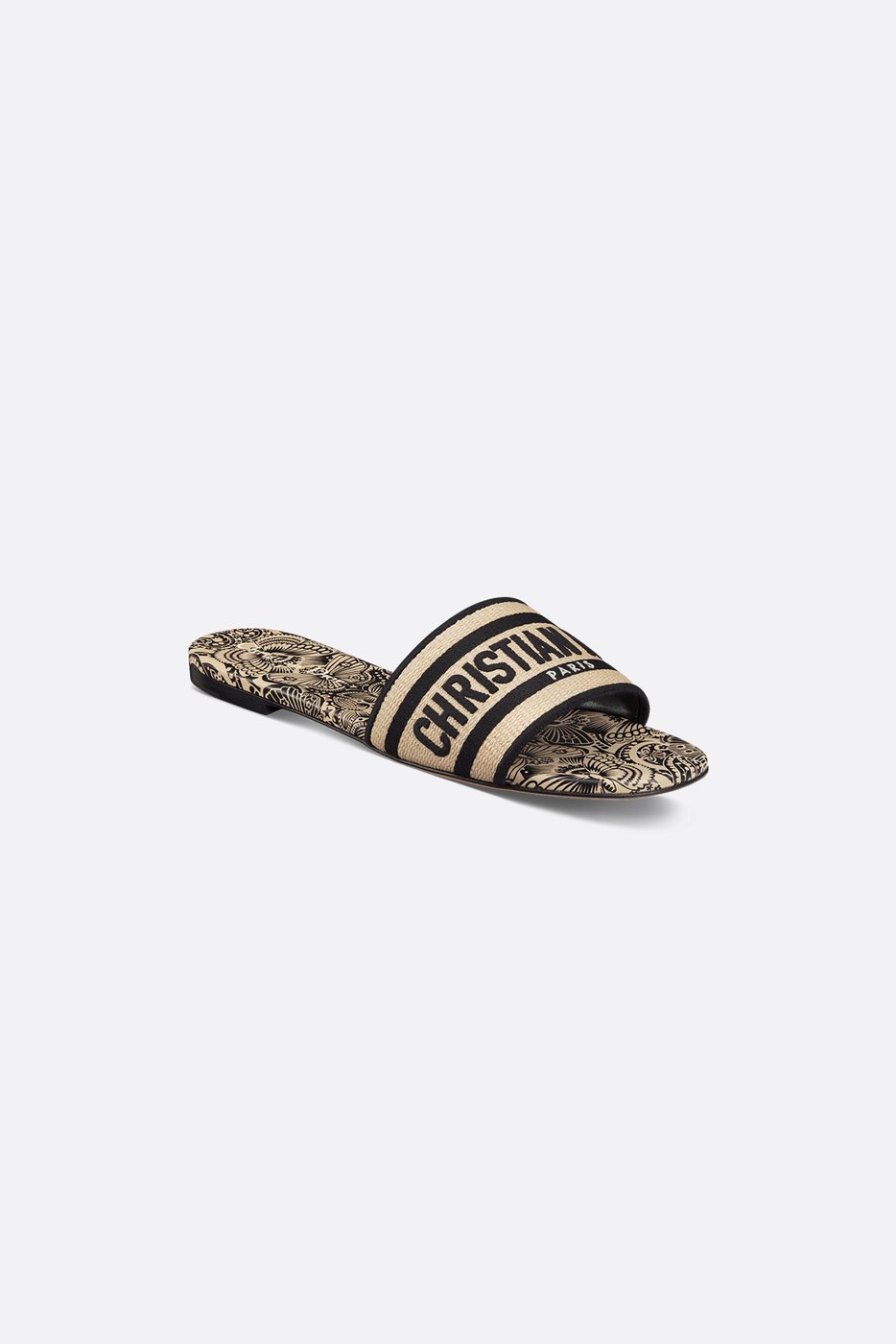 Dway Slide - Natural Raffia and Black D-Butterfly Paisley Motif 1 Dway Slide - Natural Raffia and Black D-Butterfly Paisley Motif 1