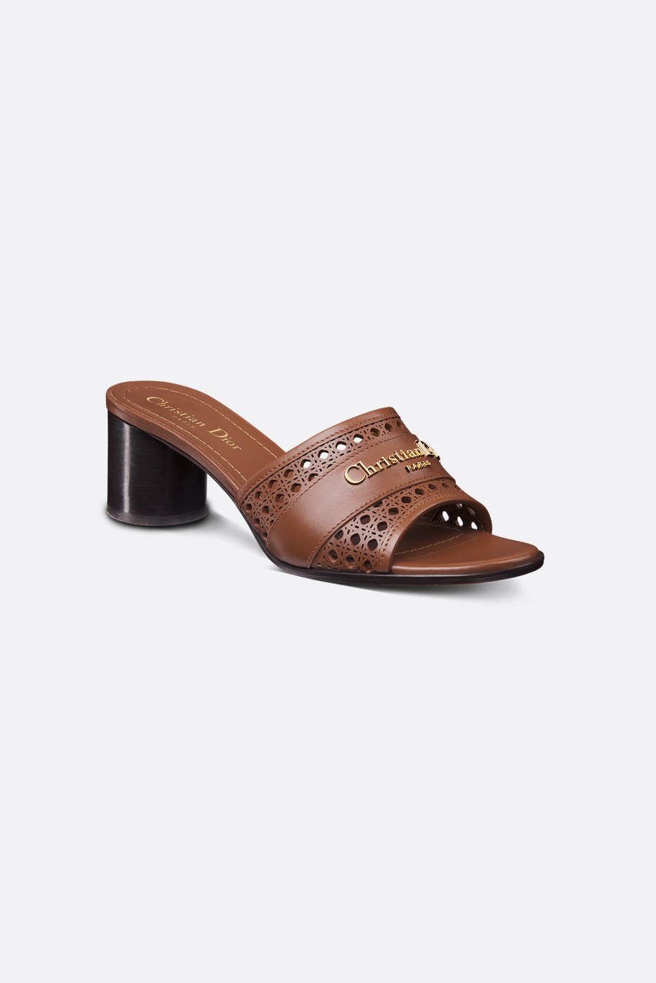 D-Lane Heeled Slide - Camel Calfskin with Openwork Microcannage Motif 1 D-Lane Heeled Slide - Camel Calfskin with Openwork Microcannage Motif 1