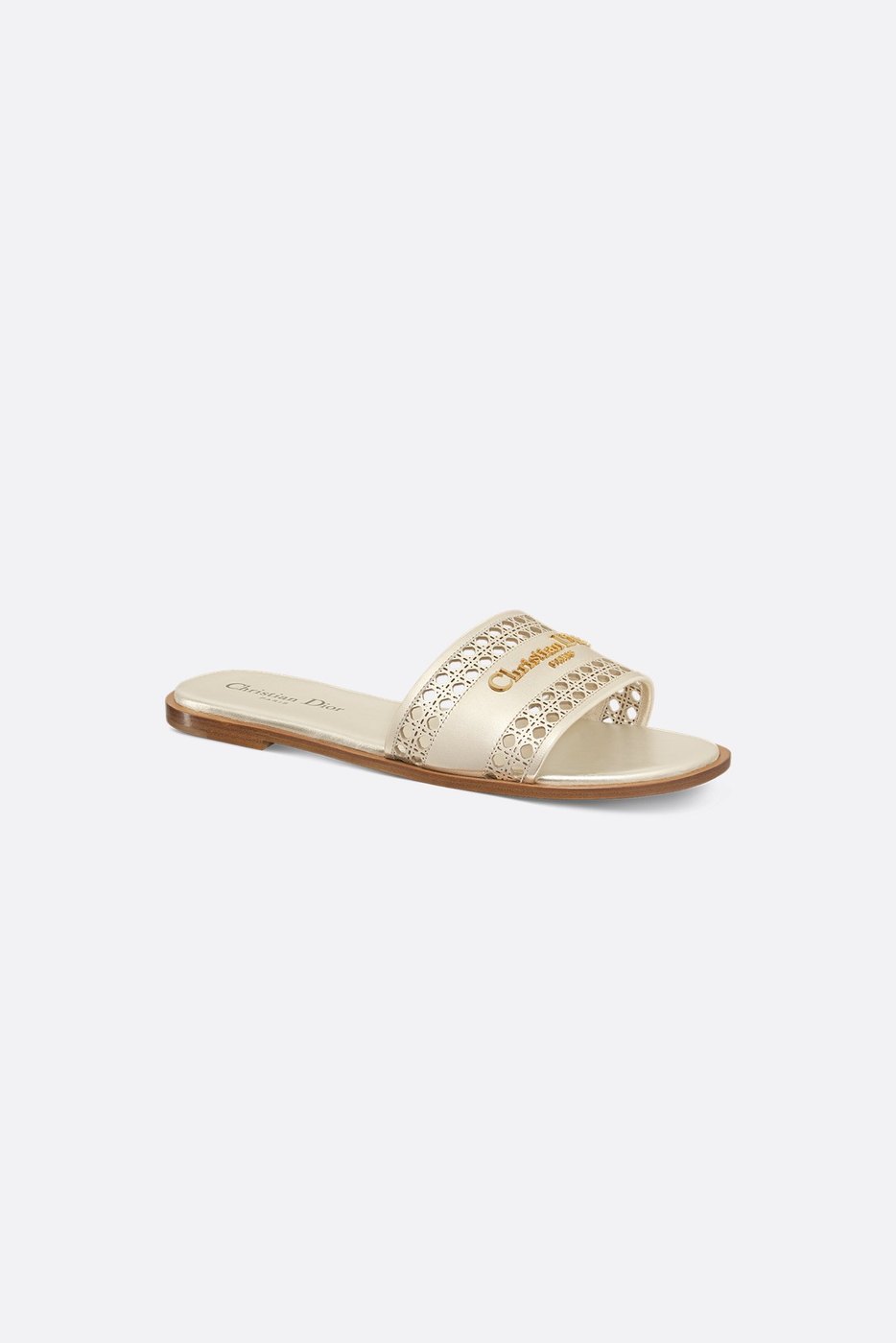 Dior Or D-Lane Slide - Gold-Tone Openwork Microcannage Laminated Calfskin 1 Dior Or D-Lane Slide - Gold-Tone Openwork Microcannage Laminated Calfskin 1