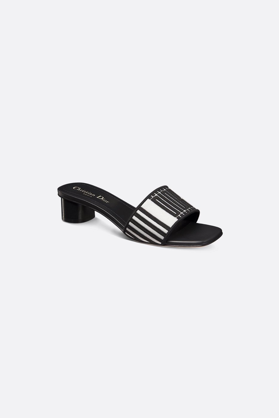 Dway Heeled Slide - Black and White Cotton Embroidered with Dior Graphique Motif 1 Dway Heeled Slide - Black and White Cotton Embroidered with Dior Graphique Motif 1