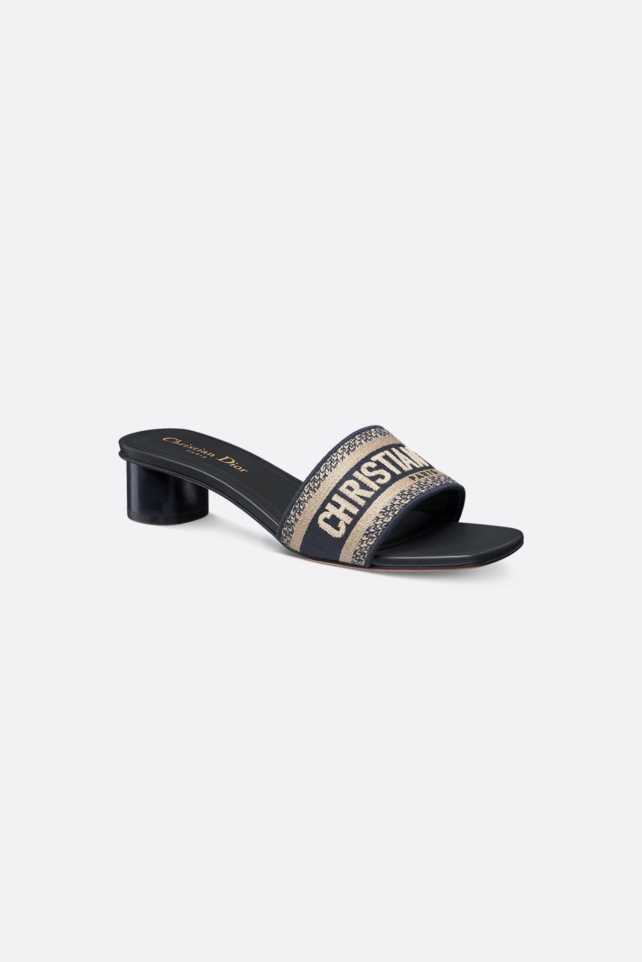 Dway Heeled Slide - Deep Blue Embroidered Cotton 1 Dway Heeled Slide - Deep Blue Embroidered Cotton 1