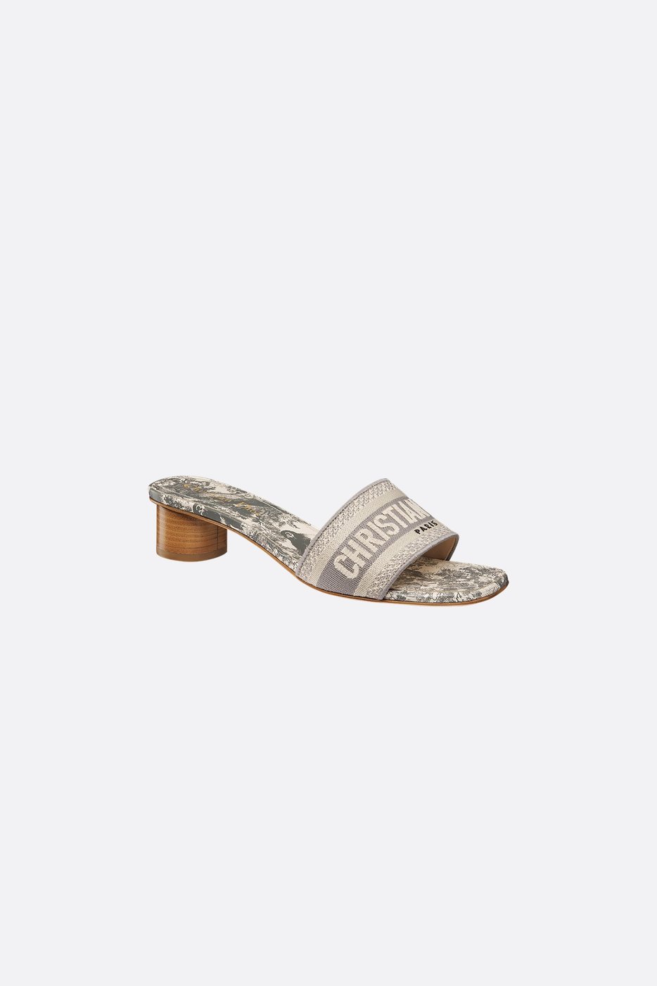 Dway Heeled Slide - Gray Embroidered Cotton and Toile de Jouy Sauvage Motif 1 Dway Heeled Slide - Gray Embroidered Cotton and Toile de Jouy Sauvage Motif 1