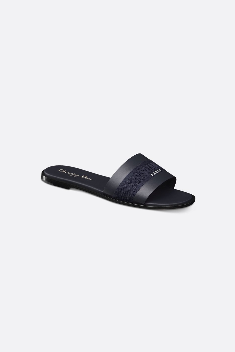 Dway Slide - Deep Blue Calfskin and Embroidered Cotton 1 Dway Slide - Deep Blue Calfskin and Embroidered Cotton 1